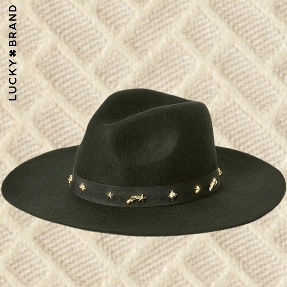 LUCKY BRAND (NWT) 100% WOOL Gold-Charm-Accented Band Black Wide Brim Ranger Hat - Picture 3 of 16